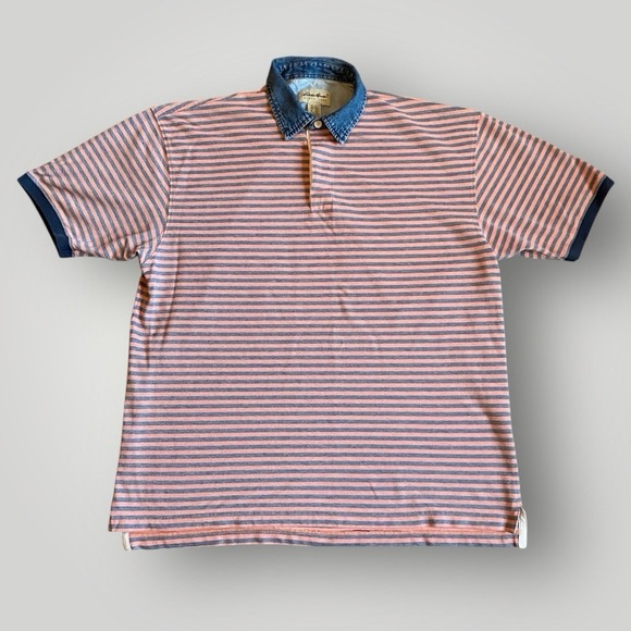 Eddie Bauer Shirt Men XL Blue Pink Striped Vintage Polo Cotton Denim Collar - Picture 1 of 5